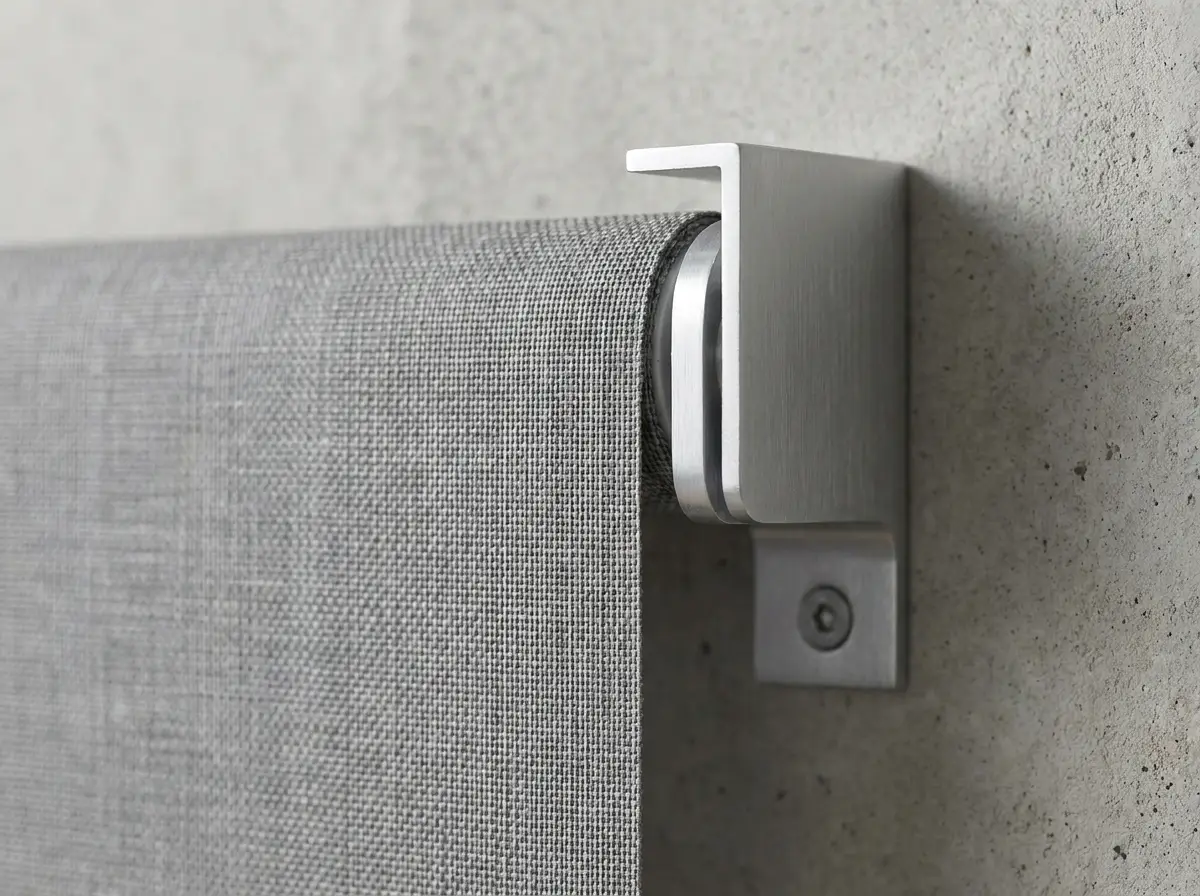 Extreme close-up of roller blind fabric weave and aluminium headrail bracket, textured neutral grey background