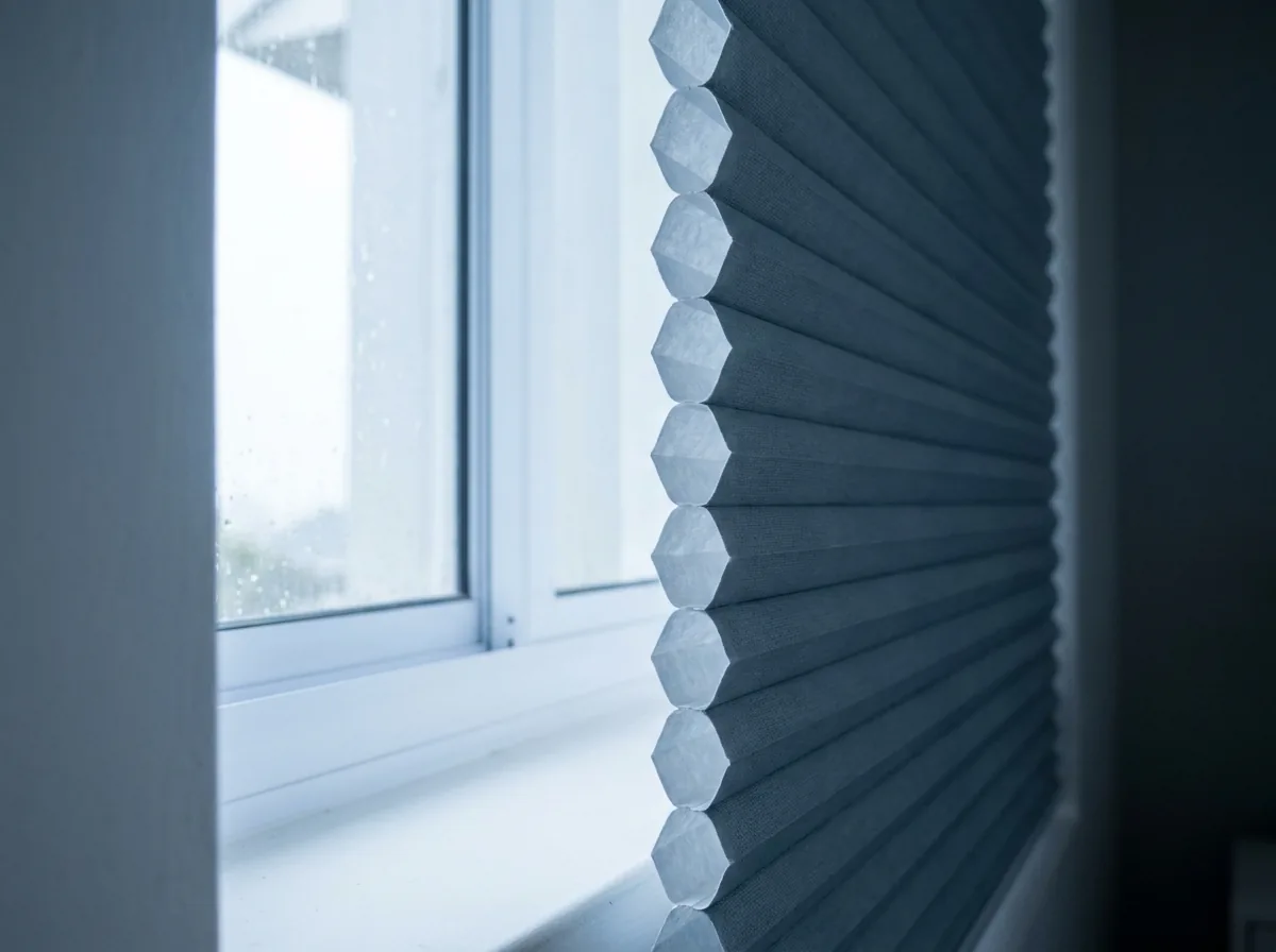 Side-on close-up of a cellular honeycomb blind in a calm Welgemoed bedroom, its pleated hexagonal air cells clearly visible, condensation beading on the cold window glass on a wet Cape winter morning