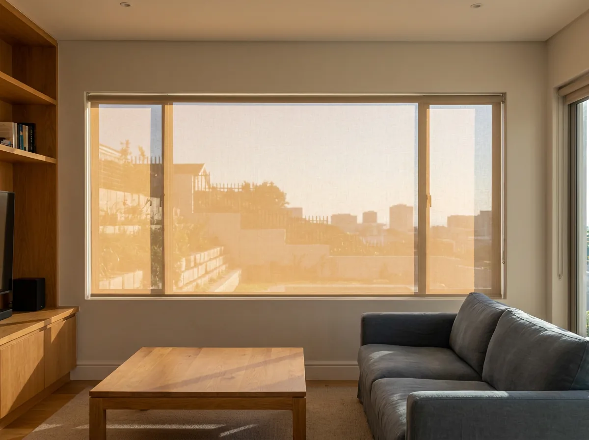 A west-facing Welgemoed living room at about four o'clock in summer, a single smooth flat sunscreen roller blind fully lowered over a wide window, the low glare softened to an amber wash while the garden and distant city stay faintly visible through the open weave