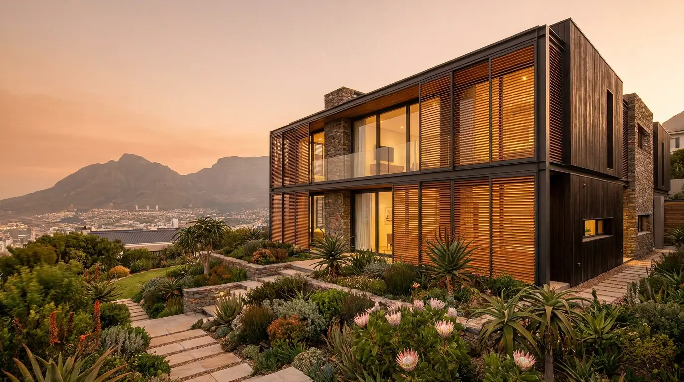 Elevated manor-style home exterior in Plattekloof, Cape Town, with external venetian blinds on Table Mountain-facing glass