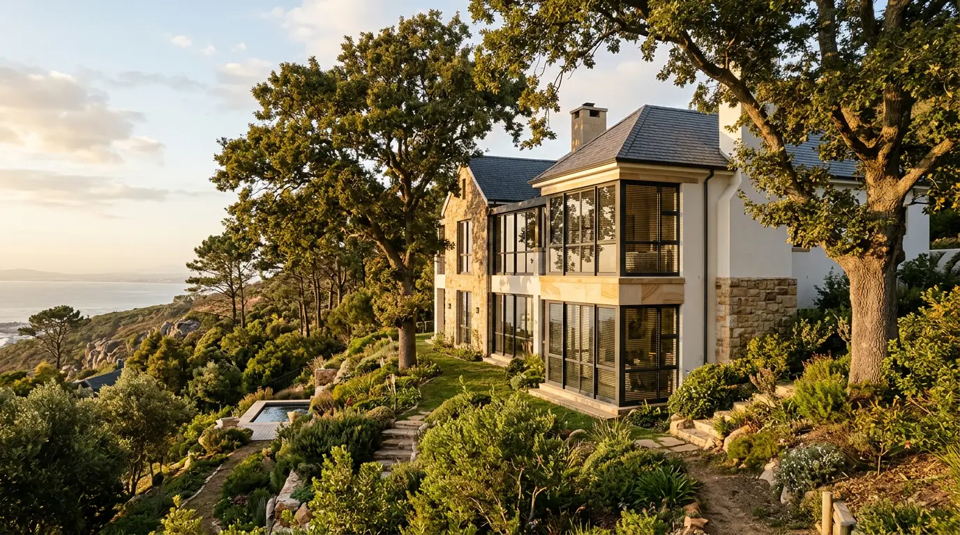 Cape Town manor-style home on a hillside slope, side view of windows fitted with aluminium venetian blinds