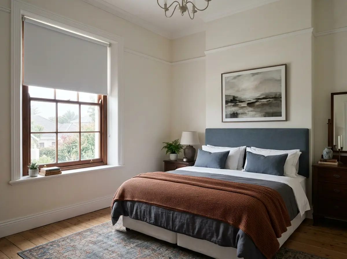 Living room in a Welgemoed home fitted with roller blinds, slate blue-grey palette
