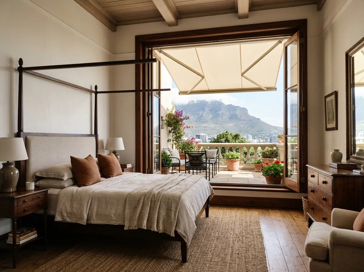 Main bedroom in a Welgemoed manor home with a shaded terrace visible through the window, chalk and burnt sienna tones