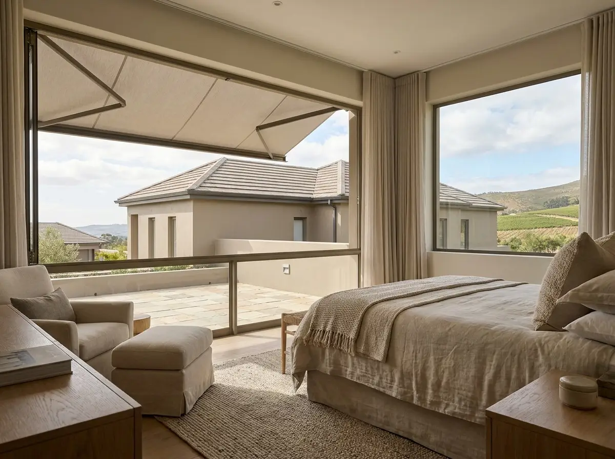Bedroom interior in a Kanonberg estate home overlooking a terrace shaded by a folding-arm awning